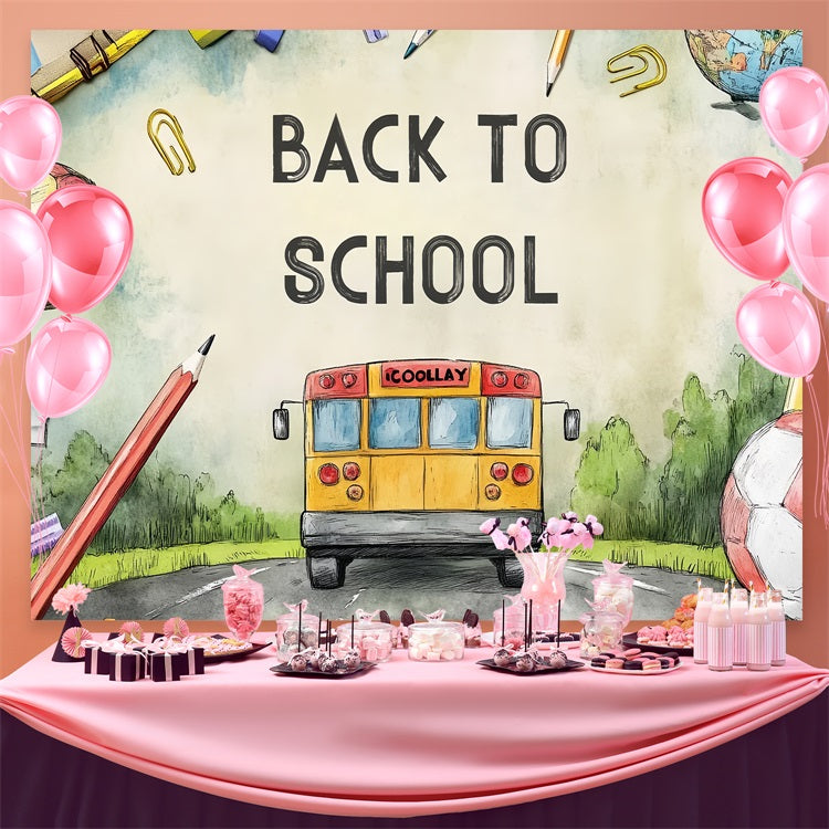 Back To School Backdrop Ideas Watercolor School Bus Road Backdrop CSH3-63