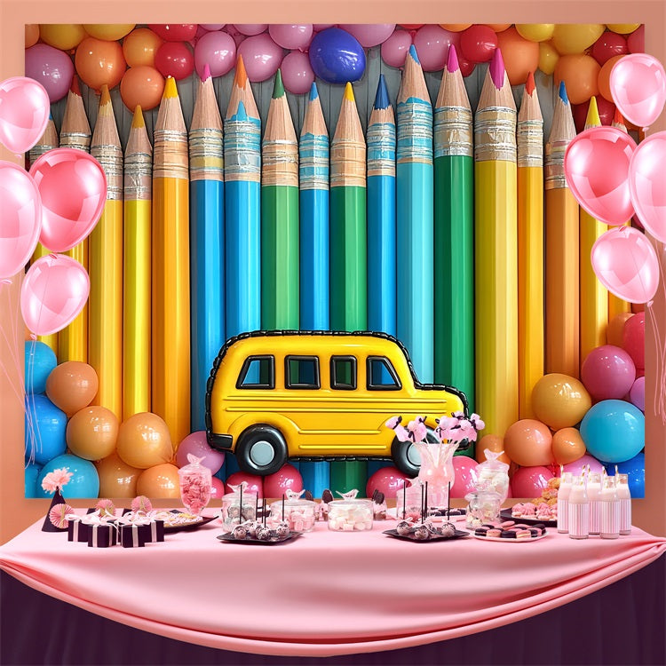 Back To School Backdrop Rainbow Pencils Balloon Celebration Backdrop CSH3-65