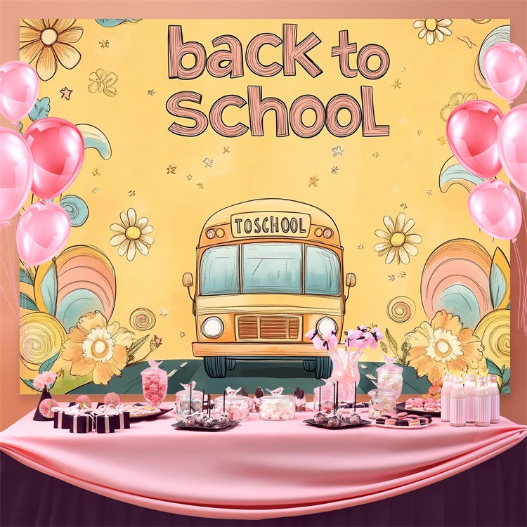 Back To School Backdrops Hand-Drawn Floral School Bus Backdrop CSH3-67