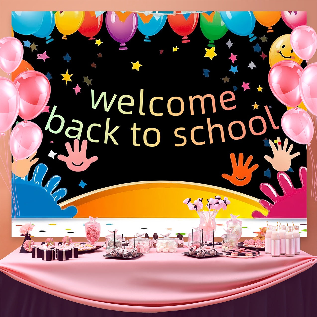 Back To School Backdrop Playful Handprints Colorful Balloon Backdrop CSH3-84