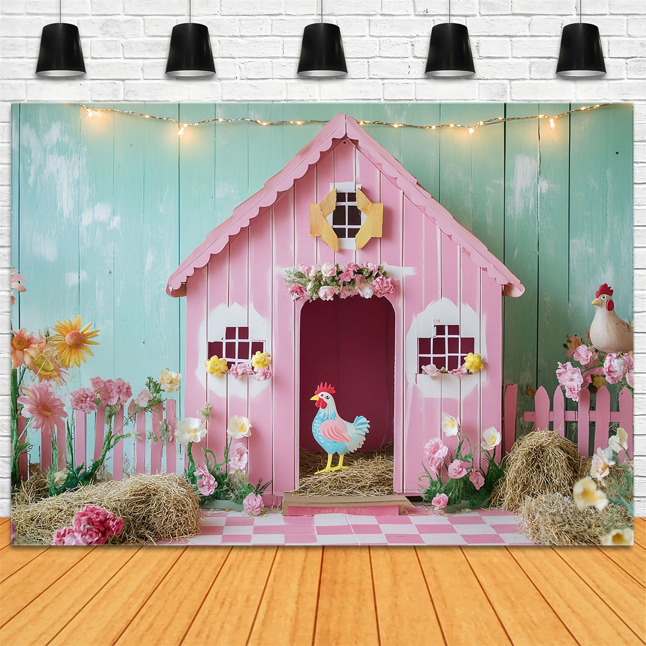 Barn Backdrop Pink Chicken Flowers Backdrop CSH4-204