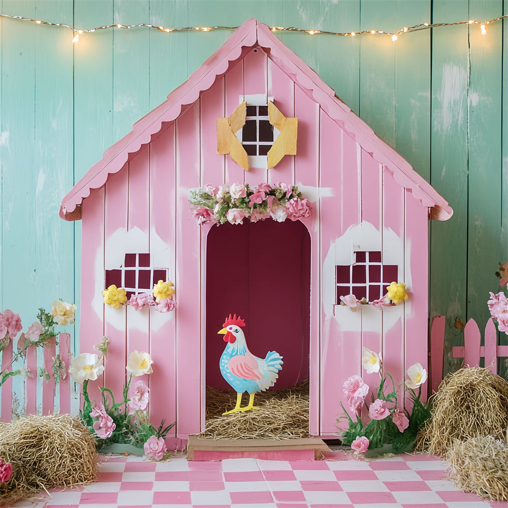 Barn Backdrop Pink Chicken Flowers Backdrop CSH4-204