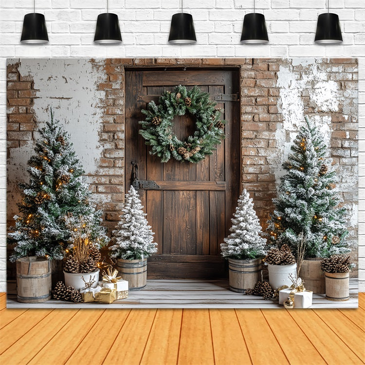 Barn Backdrops Christmas Brick Pine Wreath Backdrop CSH4-221