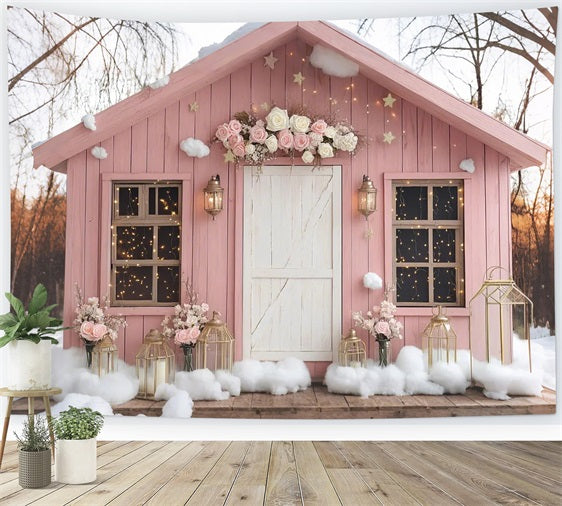 Pink Barn Backdrop House Snow Flowers Backdrop CSH4-226