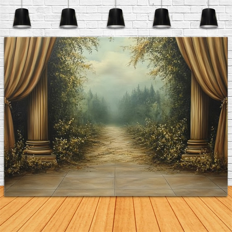 Victorian Backdrop Golden Curtains Forest Pathway Vintage Backdrop CSH4-269