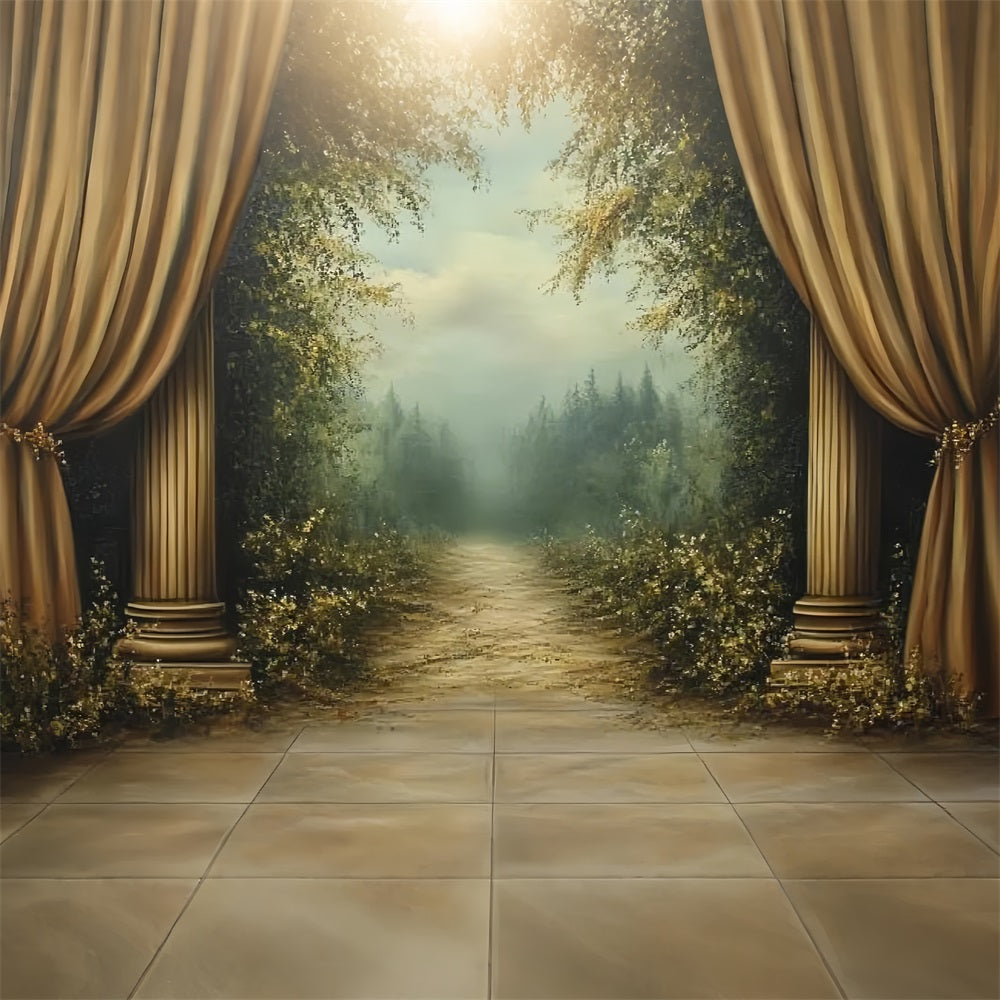 Victorian Backdrop Golden Curtains Forest Pathway Vintage Backdrop CSH4-269
