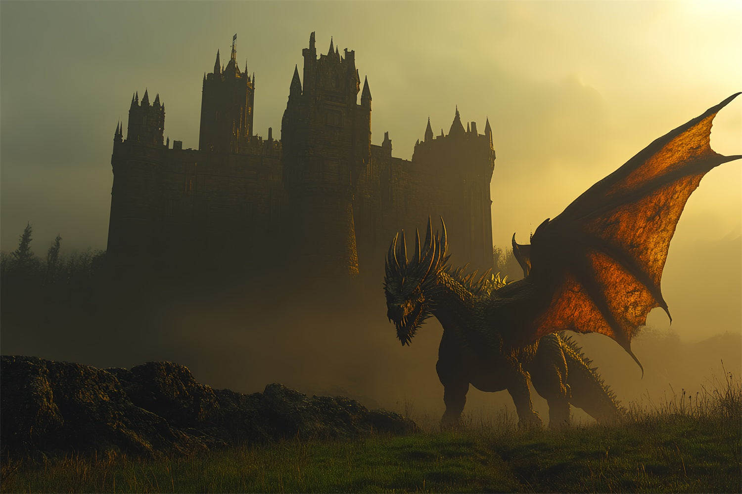 Castle Photo Backdrop Flying Dragon Battle Backdrop CSH4-340