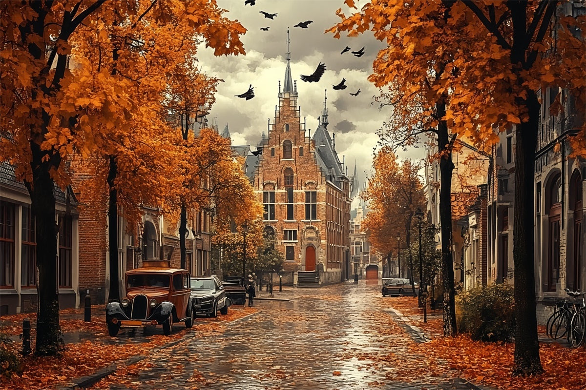 Autumn Leaves Backdrop Rainy Gothic Autumn Road Backdrop CSH57-189