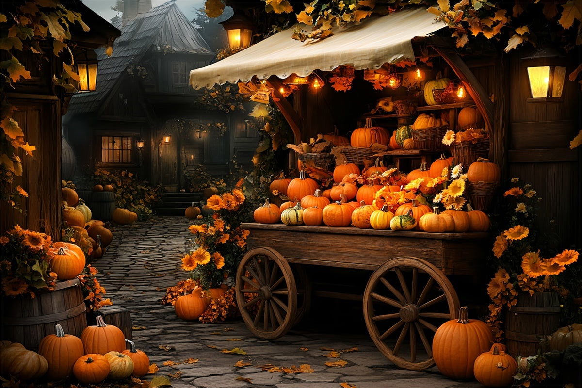 Autumn Backdrops Pumpkin Cart Village Glow Backdrop CSH57-196