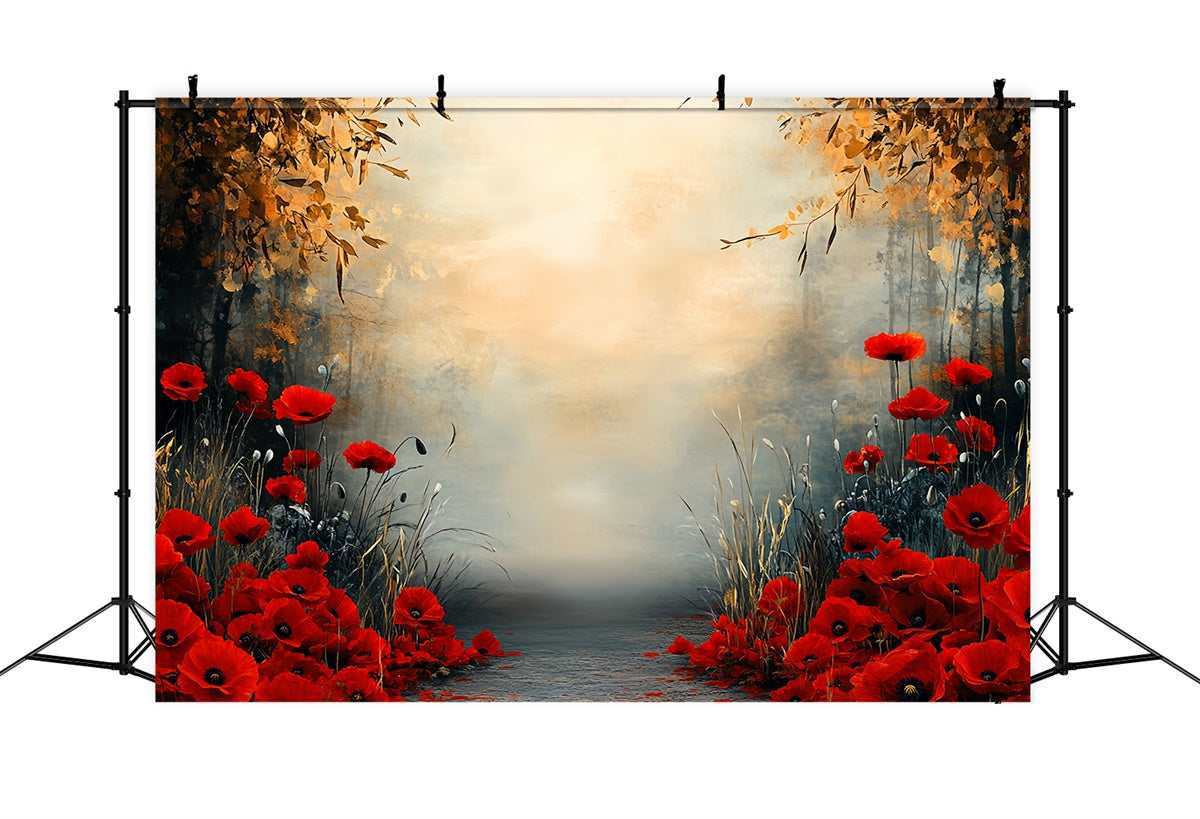 Fall Photography Backdrops Red Bloom Fall Pathway Backdrop CSH57-199
