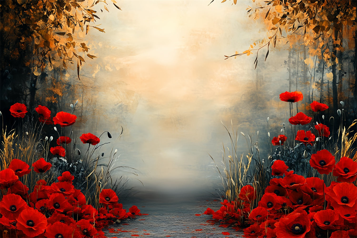 Fall Photography Backdrops Red Bloom Fall Pathway Backdrop CSH57-199