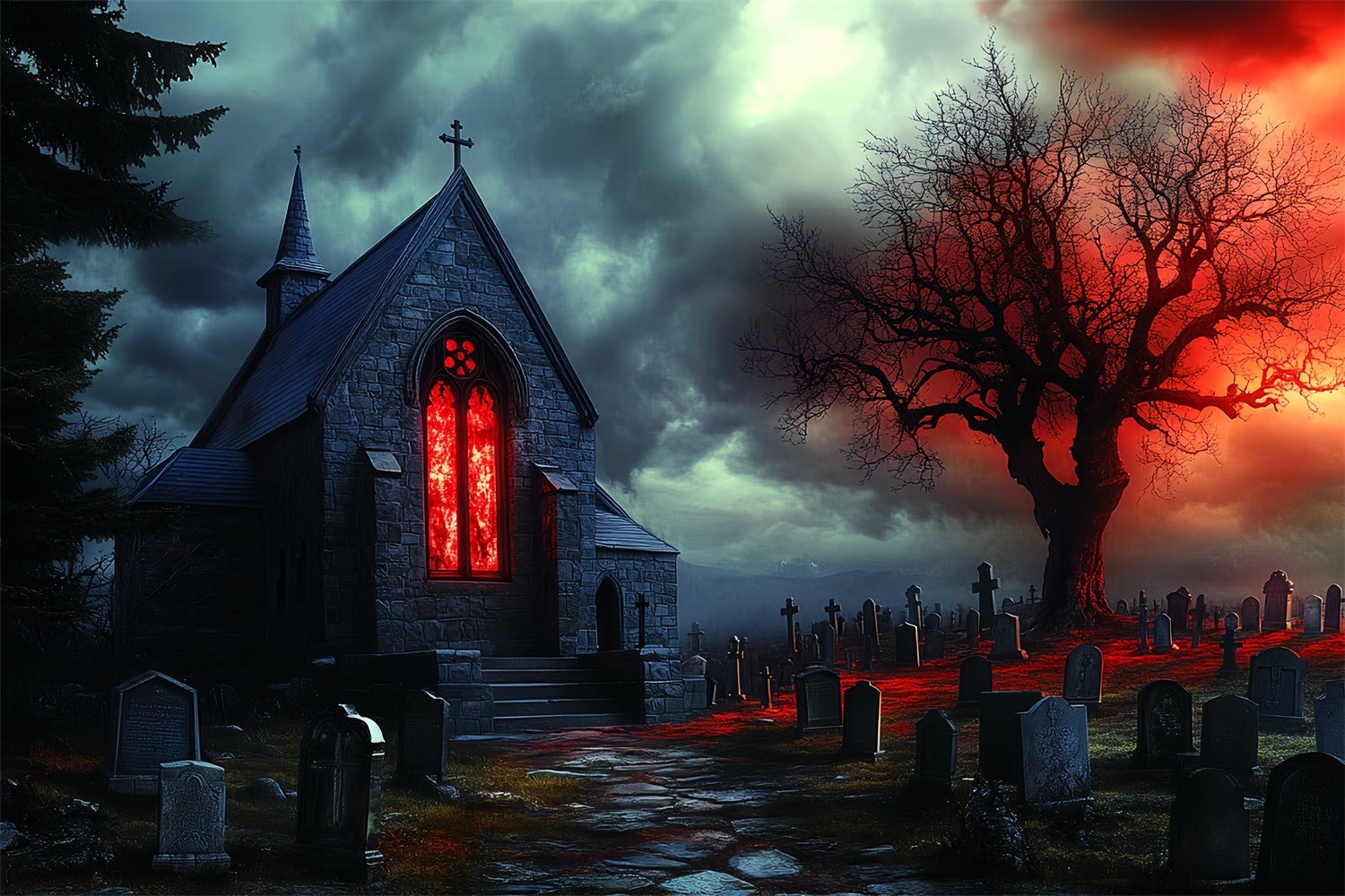 Halloween Graveyard Backdrop Cursed Chapel Tombs Backdrop CSH57-62