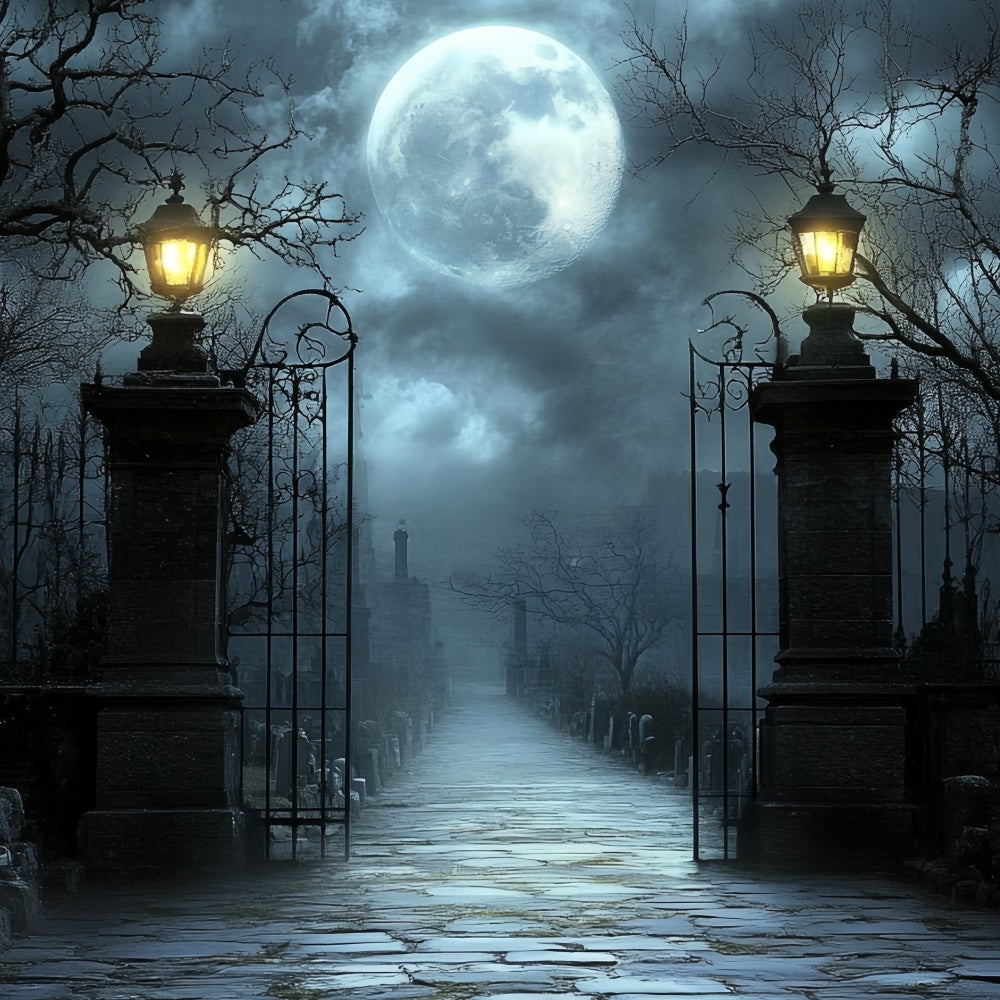 Halloween Photo Backdrop Moonlit Cemetery Gate Backdrop CSH57-63