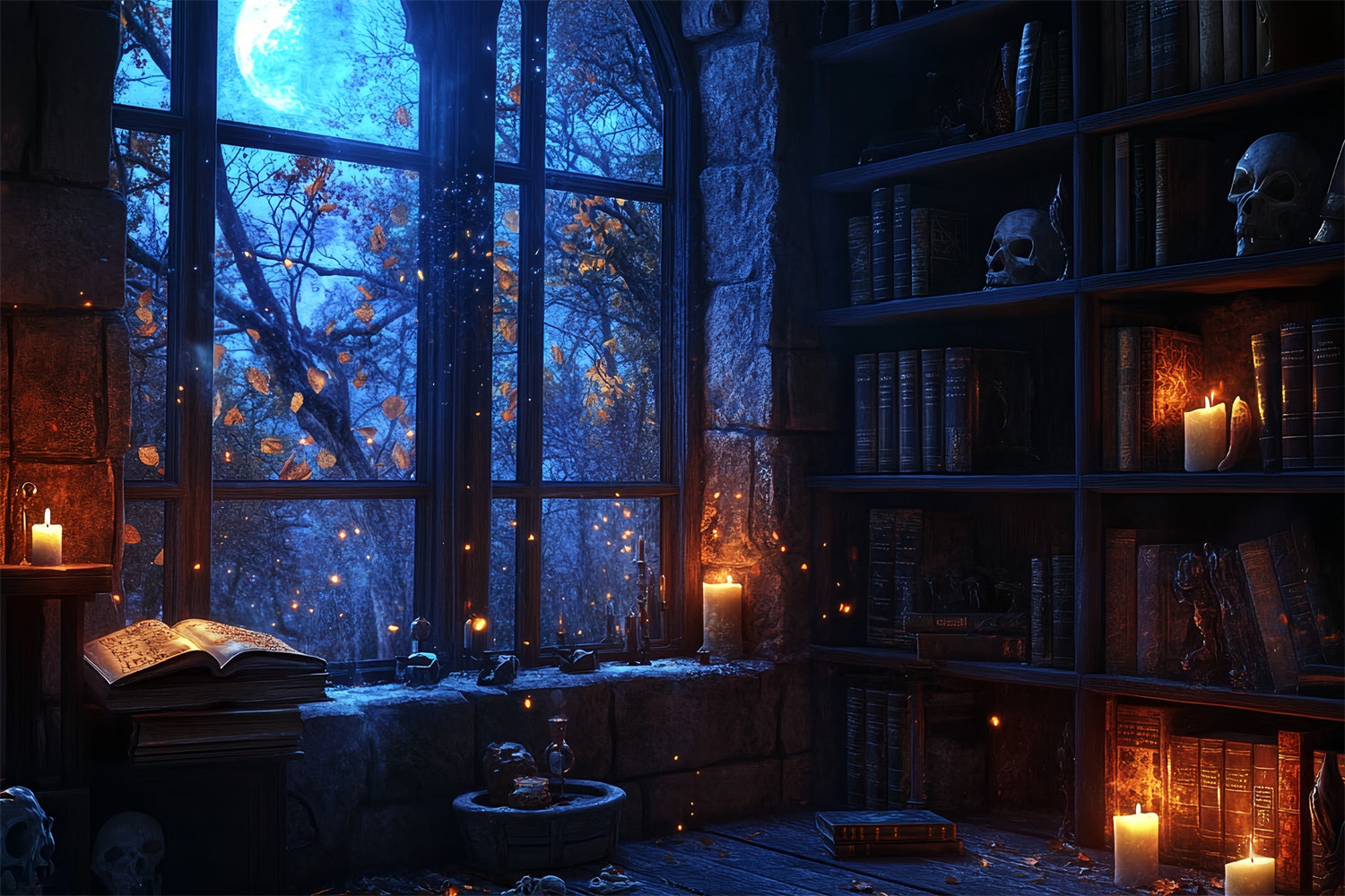 Halloween Picture Backdrop Blue Moon Library Glow Backdrop CSH57-74