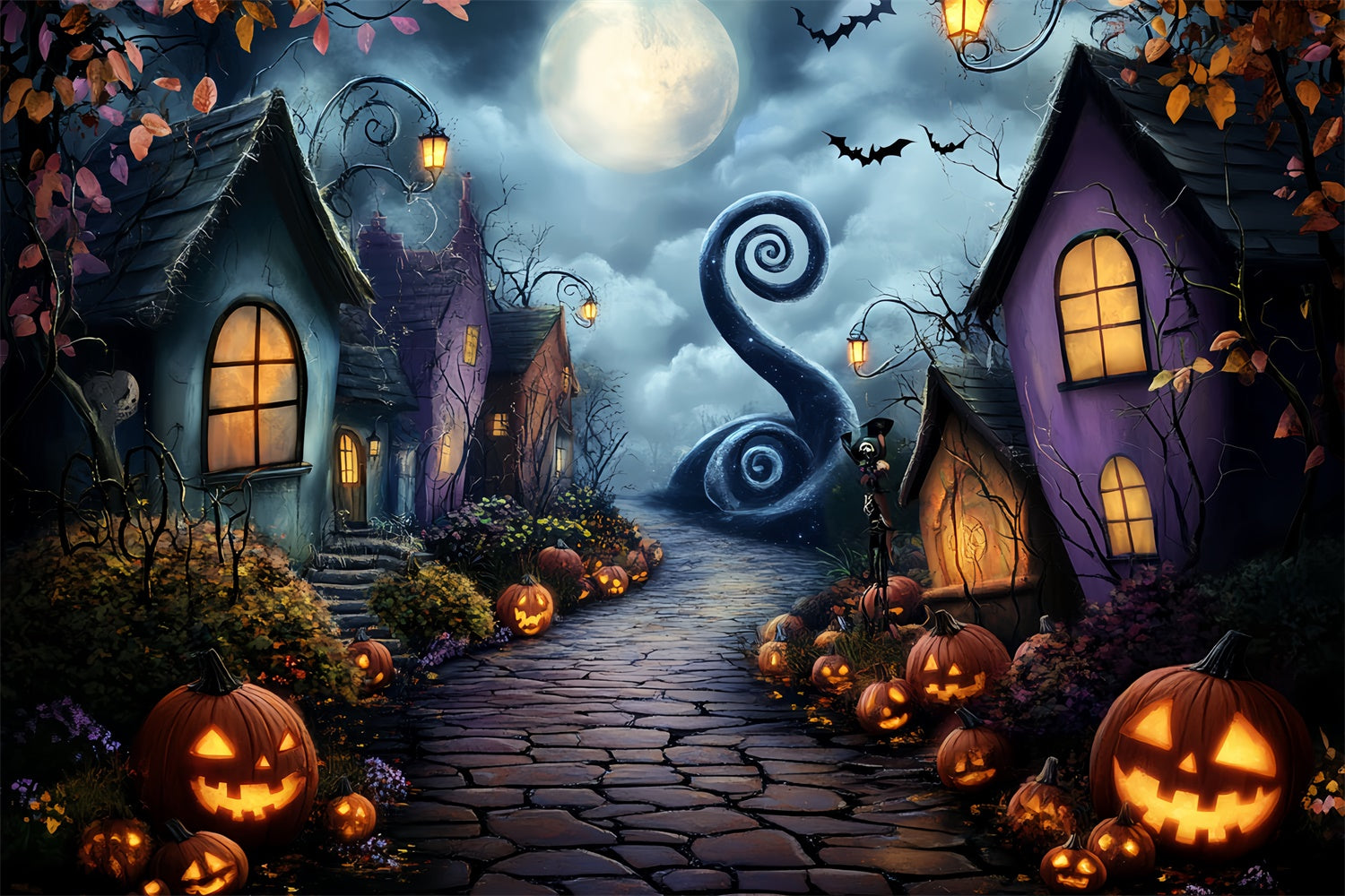 Haunted House Backdrop Curvy Moonlit Lane Backdrop CSH57-80