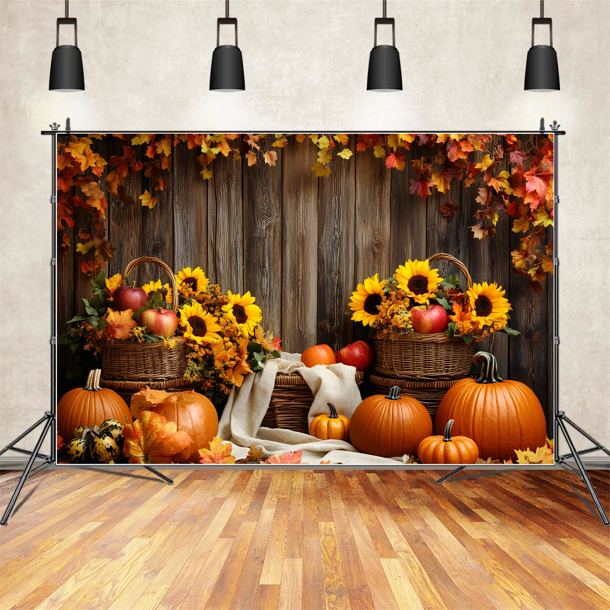 Rustic Backdrop Sunflower Apple Basket Pumpkins Thanksgiving Day Backdrop CSH58-139