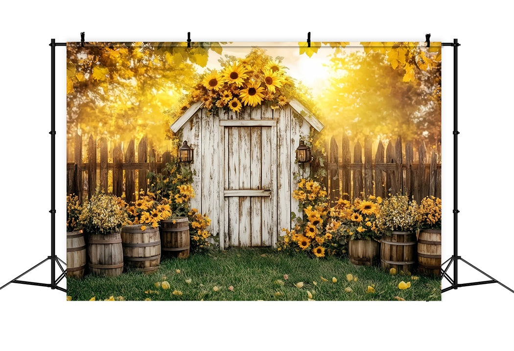 Rustic Backdrop Rustic Shed Sunflower Barrels Backdrop For Thanksgiving CSH58-141