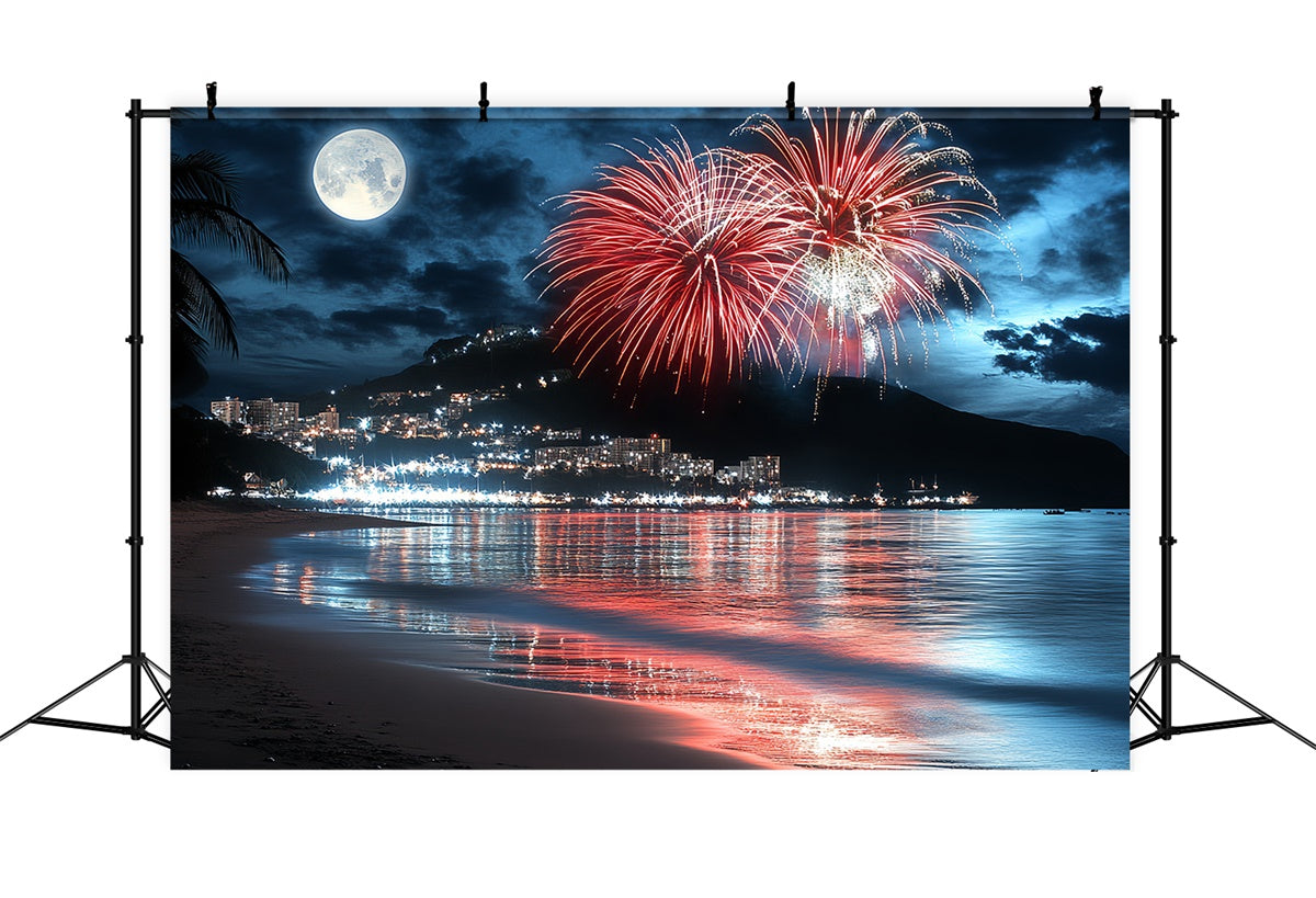 4th of July Firework Backdrop Moonlit Beach Fireworks Backdrop CSH6-10