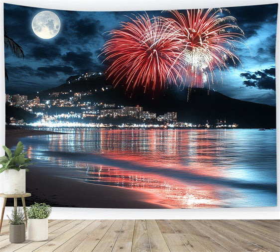 4th of July Firework Backdrop Moonlit Beach Fireworks Backdrop CSH6-10