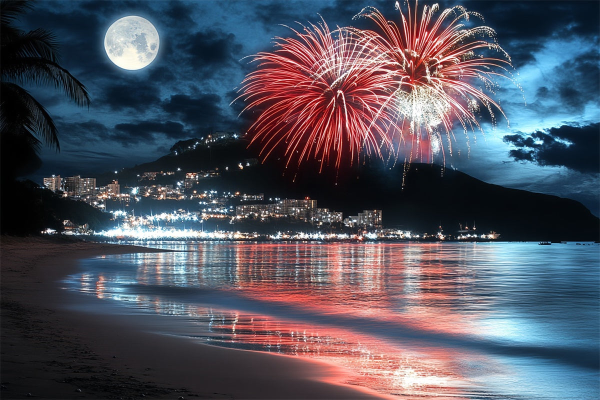 4th of July Firework Backdrop Moonlit Beach Fireworks Backdrop CSH6-10