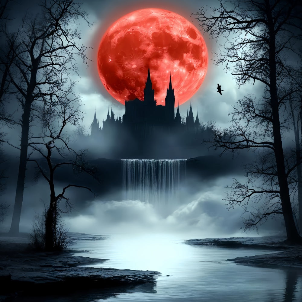 Eerie Crimson Moonlight Castle Halloween Moon Backdrop CSH6-111