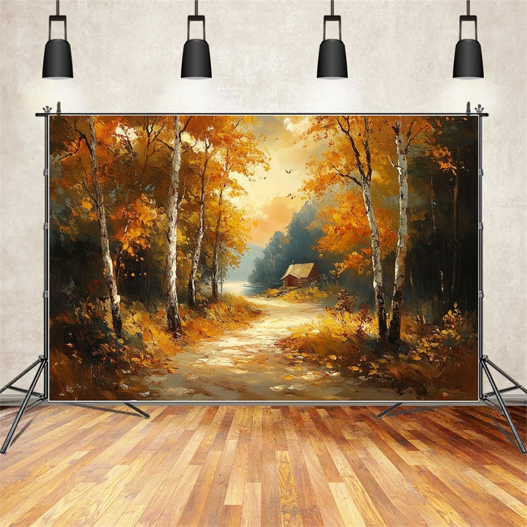 Forest Backdrop Misty Lakeside Cottage Fall Photo Backdrop CSH6-199