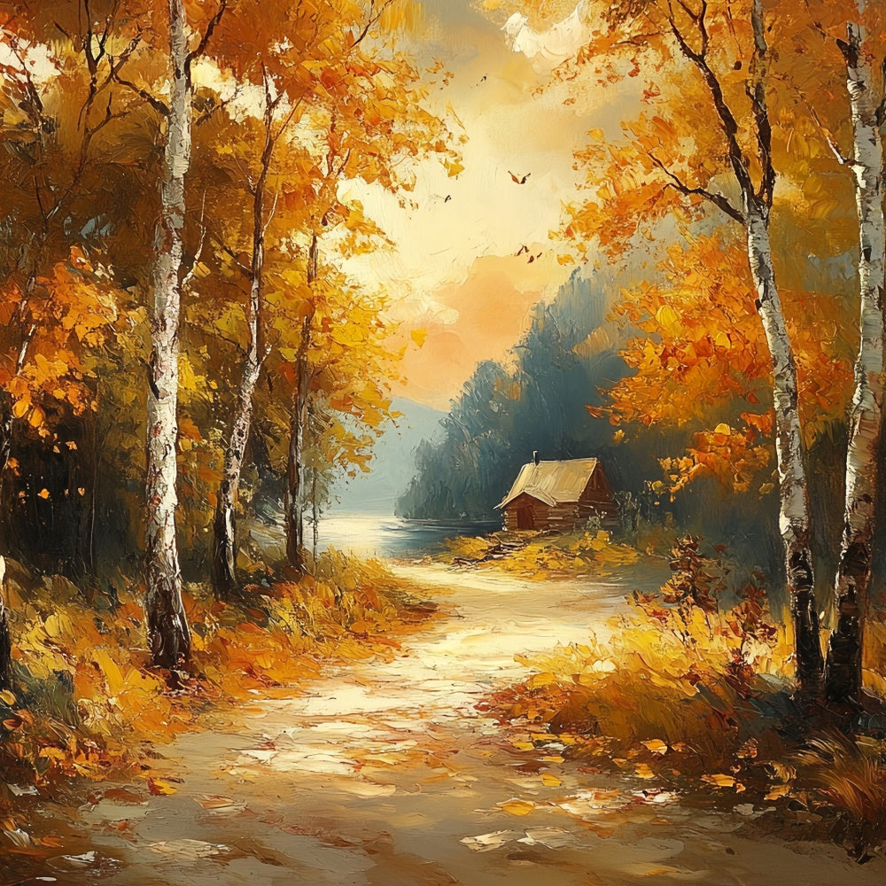 Forest Backdrop Misty Lakeside Cottage Fall Photo Backdrop CSH6-199