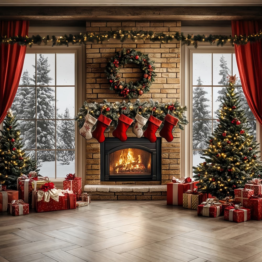 Christmas Fireplace Backdrop Warm Hearth Winter Backdrop CSH6-257