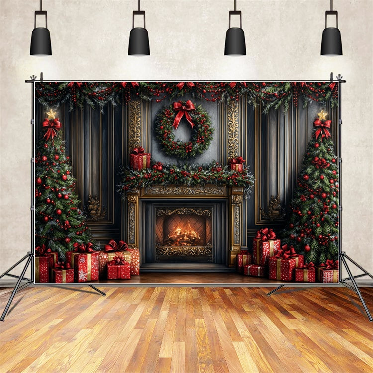 Christmas Fireplace Backdrop Garland Gifts Fireplace Backdrop CSH6-266