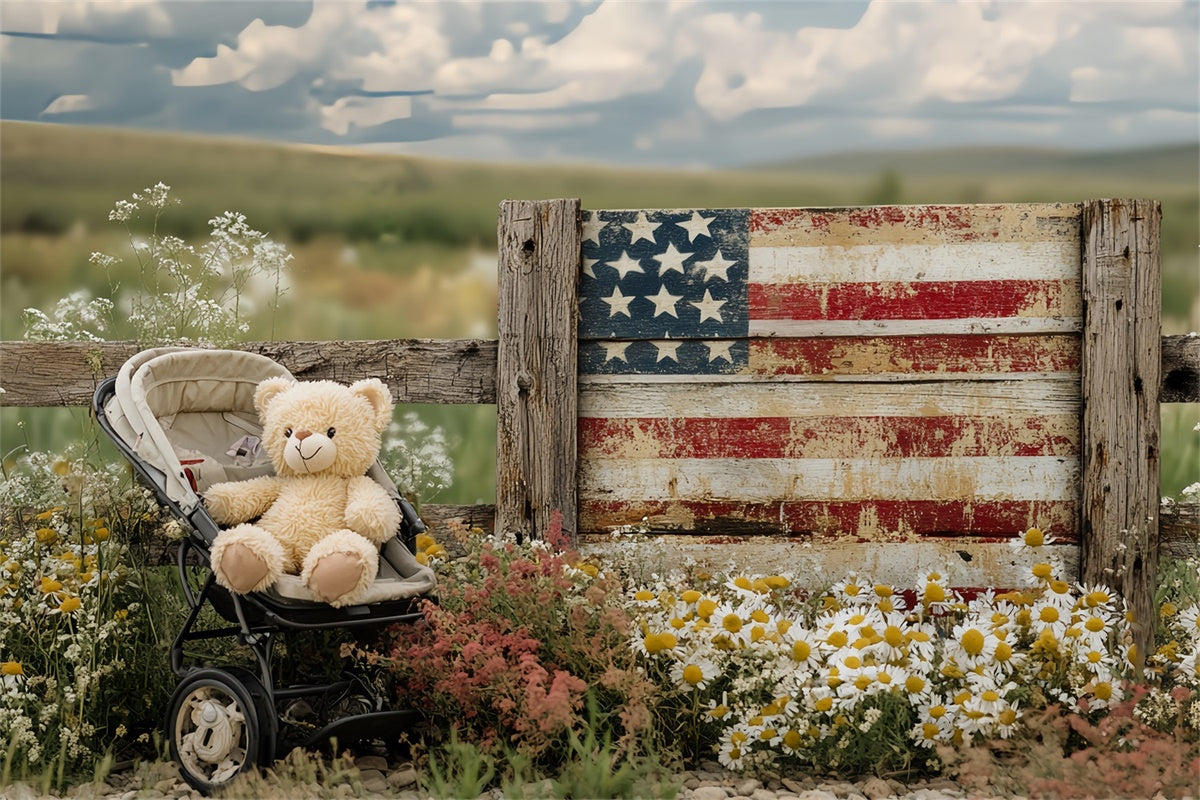 4th of July Photography Backdrops Baby Bear lag Fence Backdrop CSH6-38