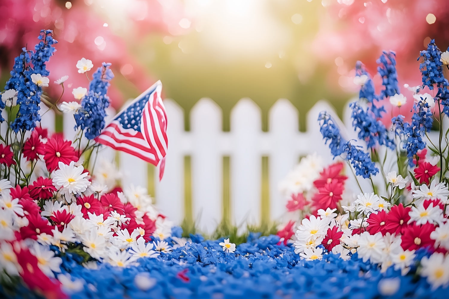4th of July Photo Backdrop Patriotic Flower Fence Backdrop CSH6-42
