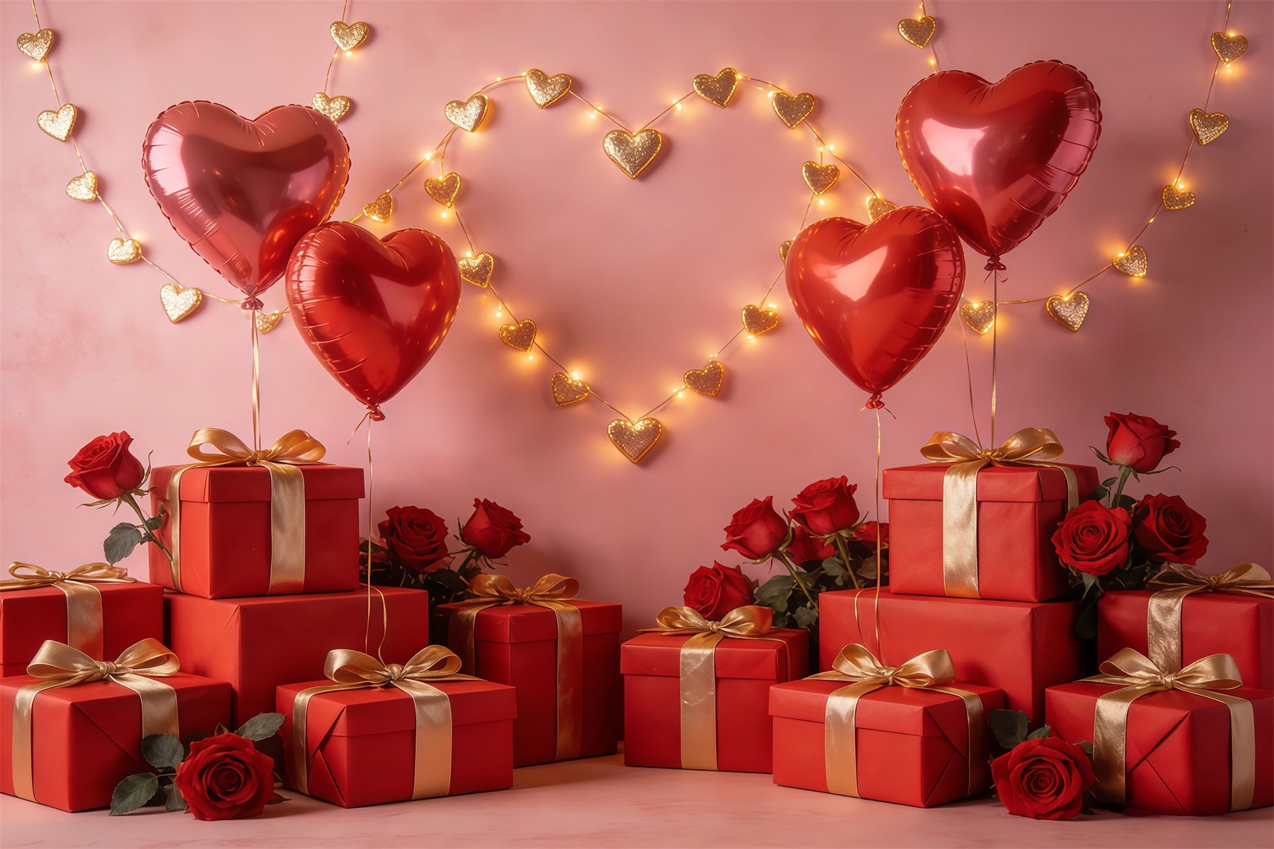 Gift Box Valentine Backdrop Floating Heart Balloons Arrangement Romantic Backdrops CSH61-101