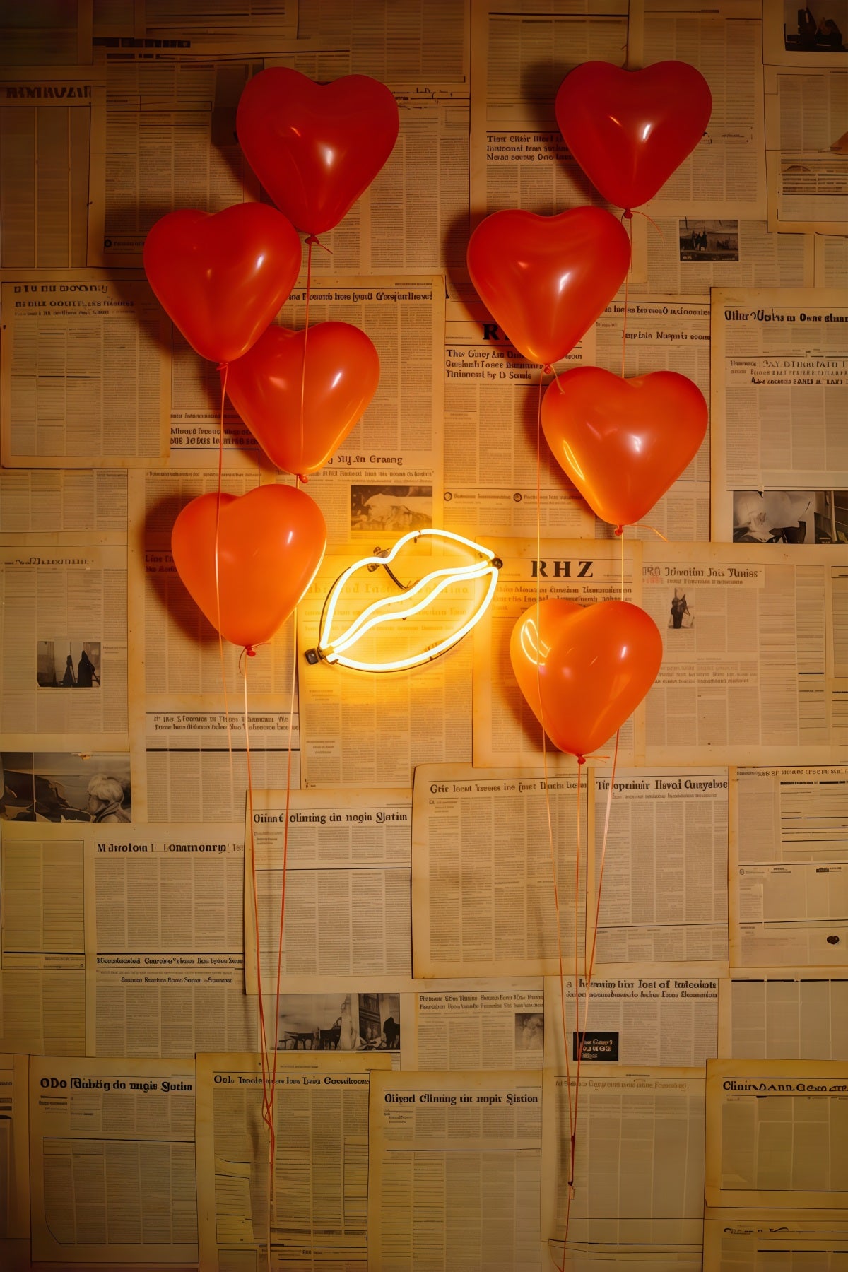 Newspaper Valentine's Day Backdrop Heart Balloons Neon Lips Valentine's Day Backdrop Ideas CSH61-109