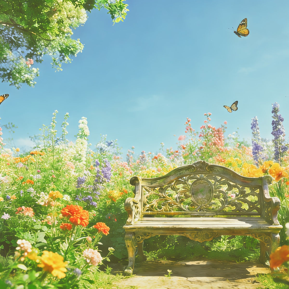 Floral Garden Backdrop Sunlit Wildflower Bench Butterfly Floral Backdrop Photoshoot CSH61-119
