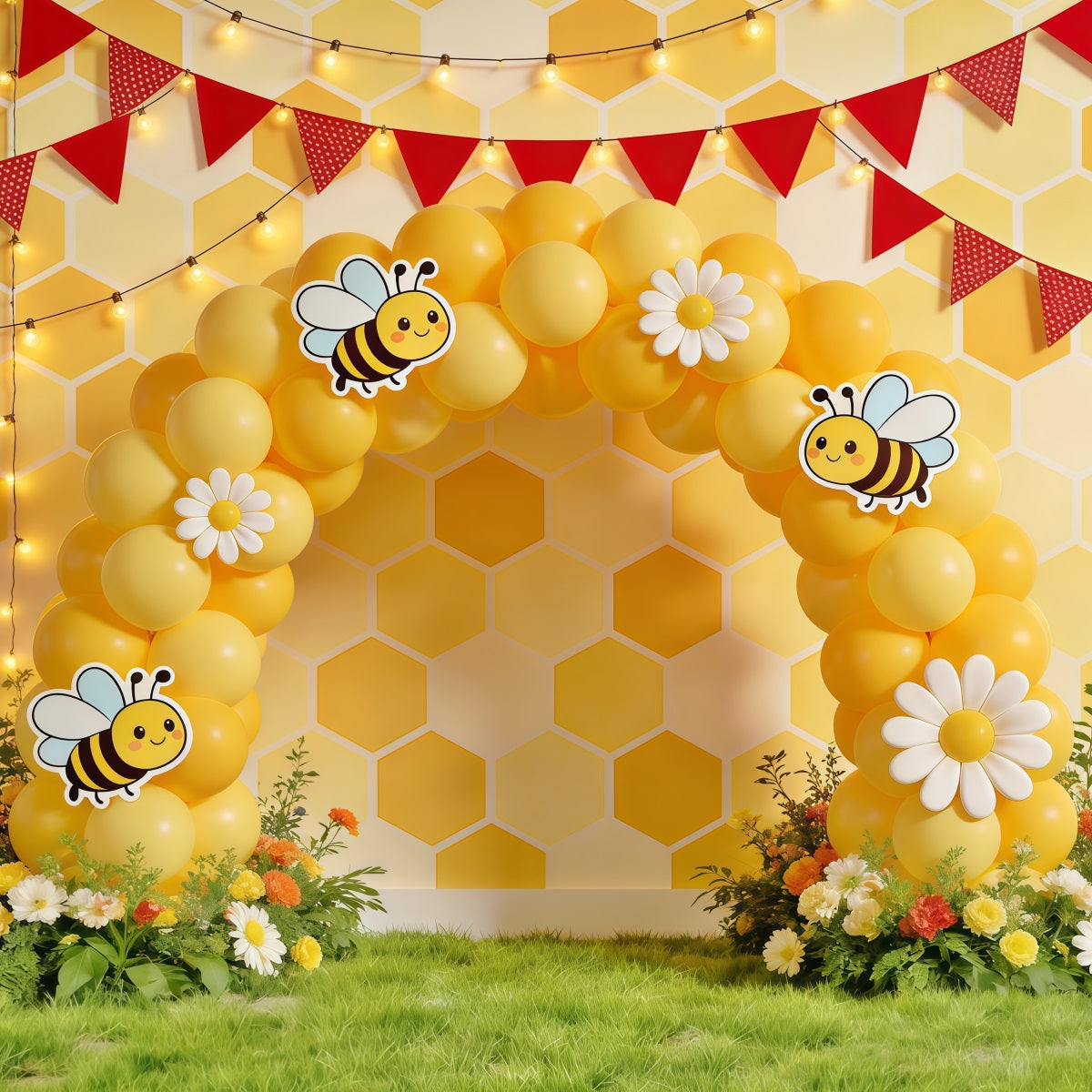 Honey Bee Backdrop Honeycomb Daisy Balloon Arch Photography Backdrops Spring CSH61-122