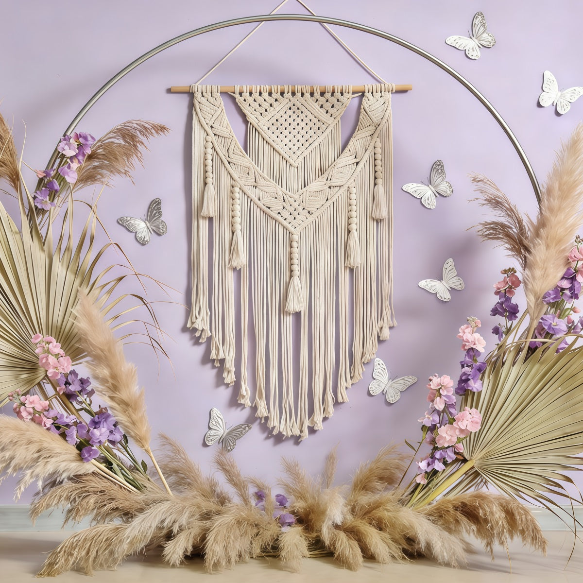 Pampas Grass Wall Backdrop Boho Macrame Pampas Butterfly Spring Photoshoot Backdrop CSH61-125