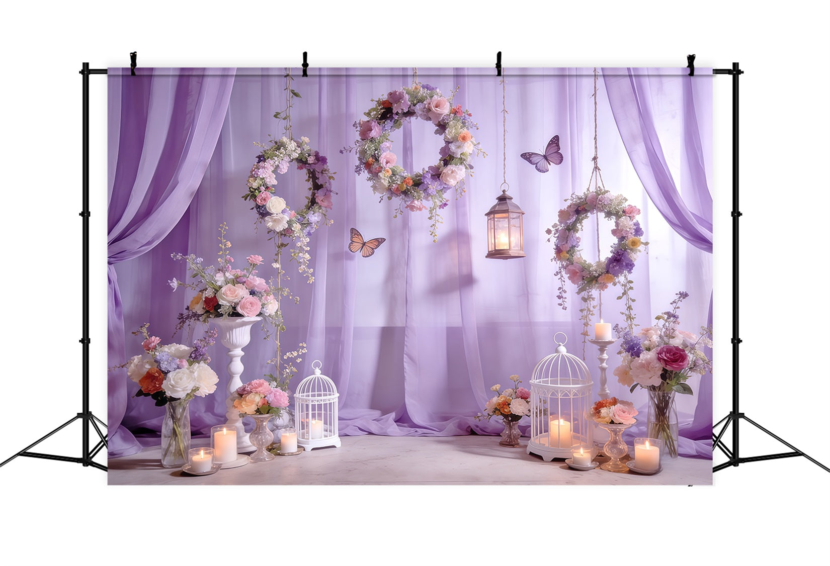 Wildflower Garland Backdrop Lavender Wreath Lantern Butterfly Spring Themed Backdrop CSH61-132