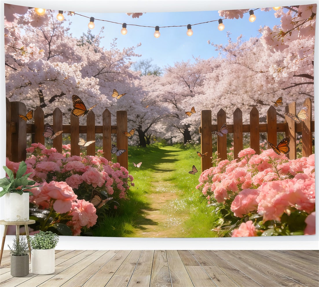 Cherry Blossom Tree Backdrop Pastel Flowers Butterfly Fence Floral Print Backdrop CSH61-134