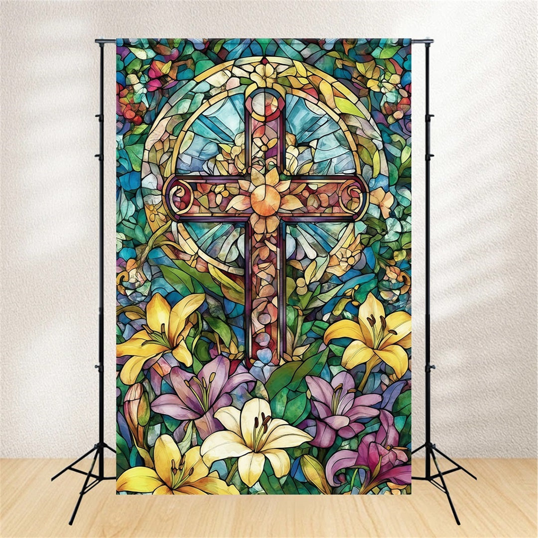 Stained Glass Window Backdrop Floral Cross Church Gothic Easter Backdrops CSH61-14