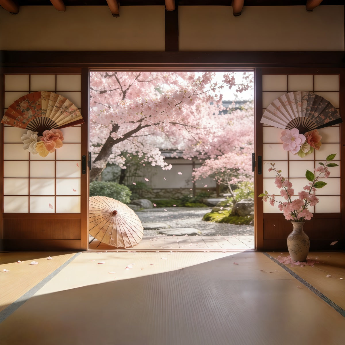 Backdrop Cherry Blossom Sakura Courtyard Sliding Doors Floral Picture Backdrop CSH61-142