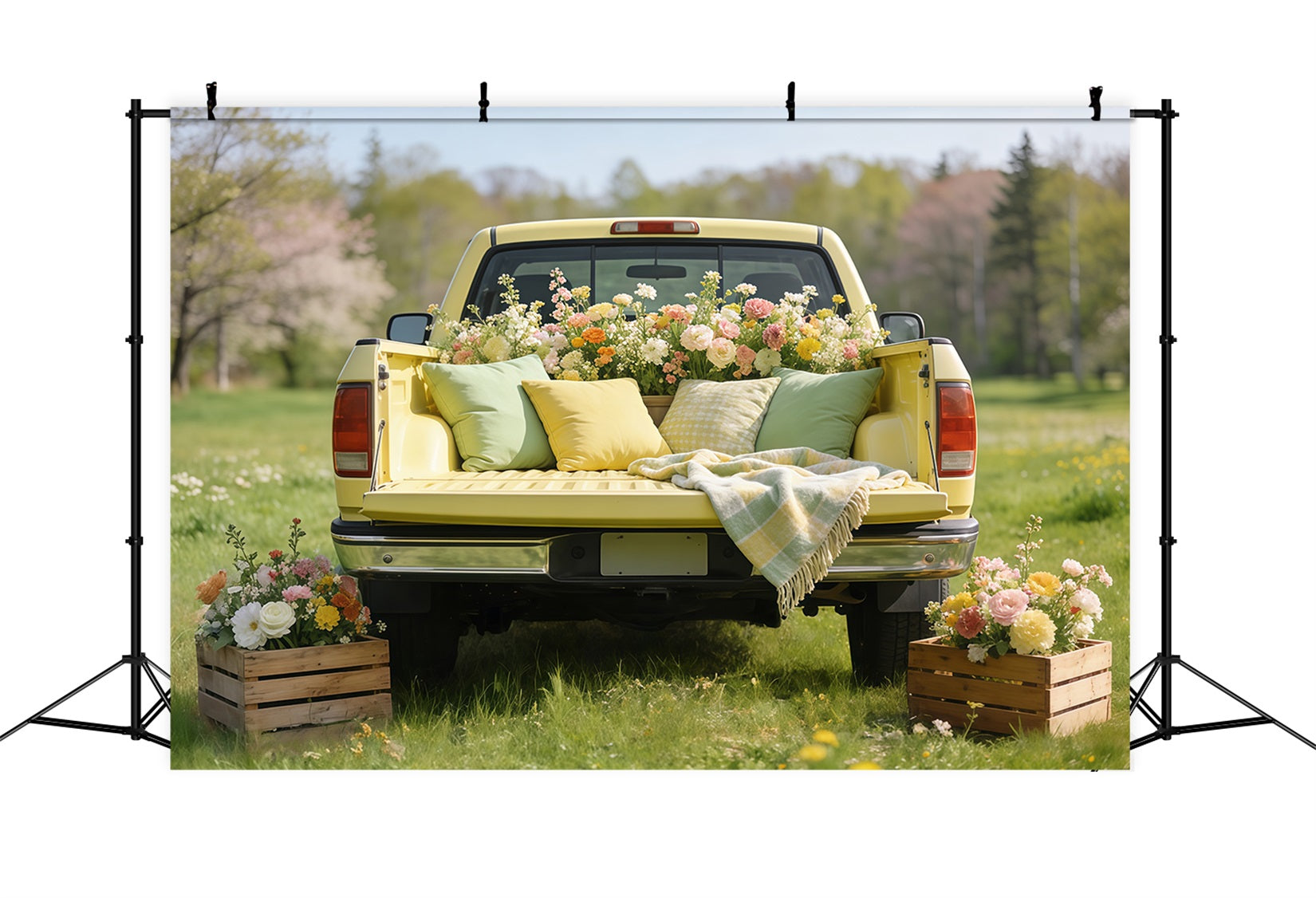 Picnic Backdrop Ideas Vintage Yellow Truck Blooms Cheap Spring Photography Backdrops CSH61-146