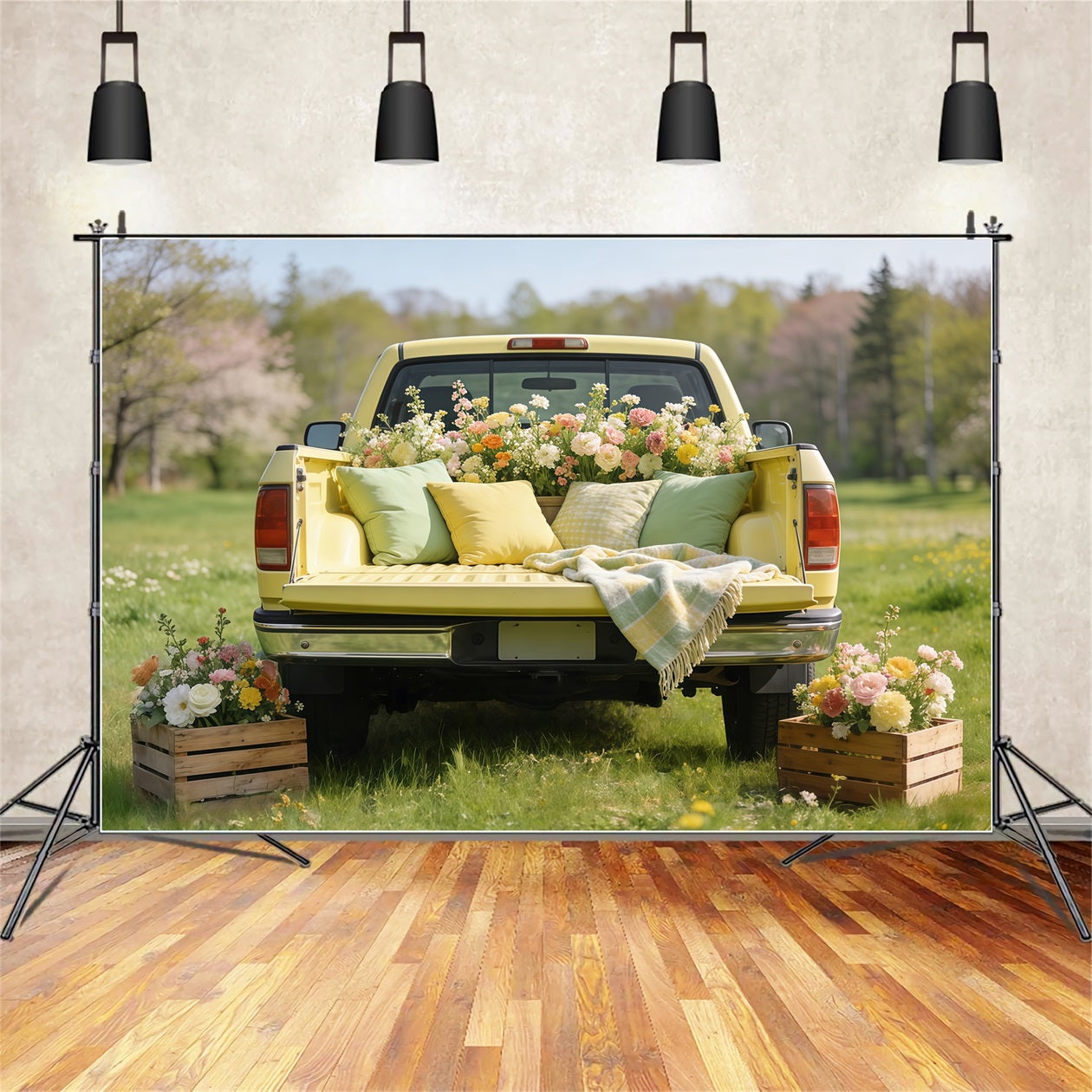 Picnic Backdrop Ideas Vintage Yellow Truck Blooms Cheap Spring Photography Backdrops CSH61-146