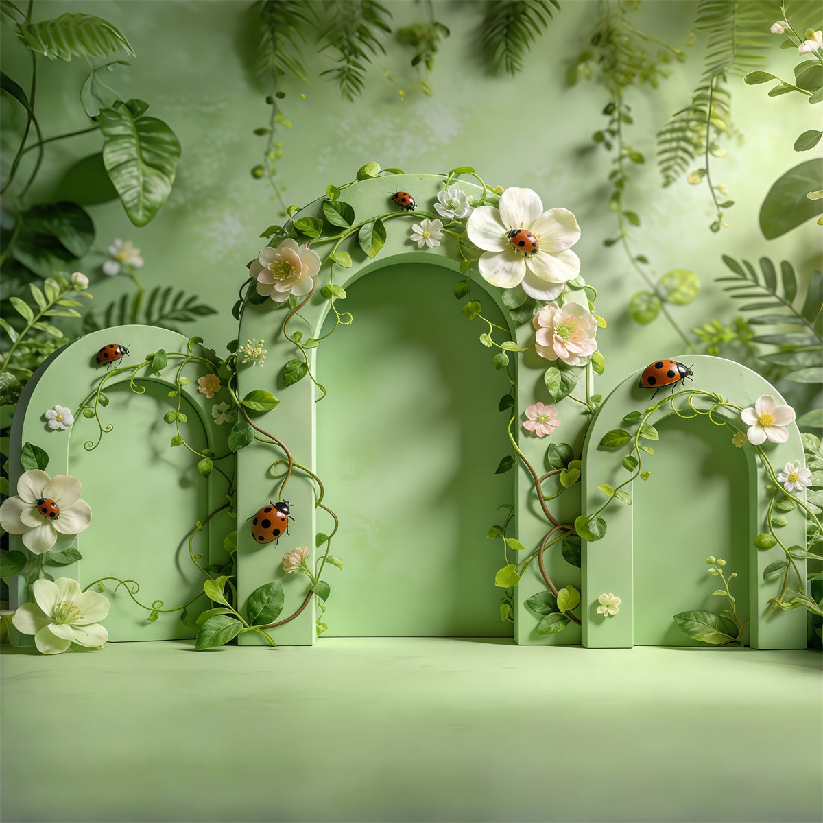 Lady Bug Backdrop Green Arch Door Floral Garden Spring Backdrops Ideas CSH61-147