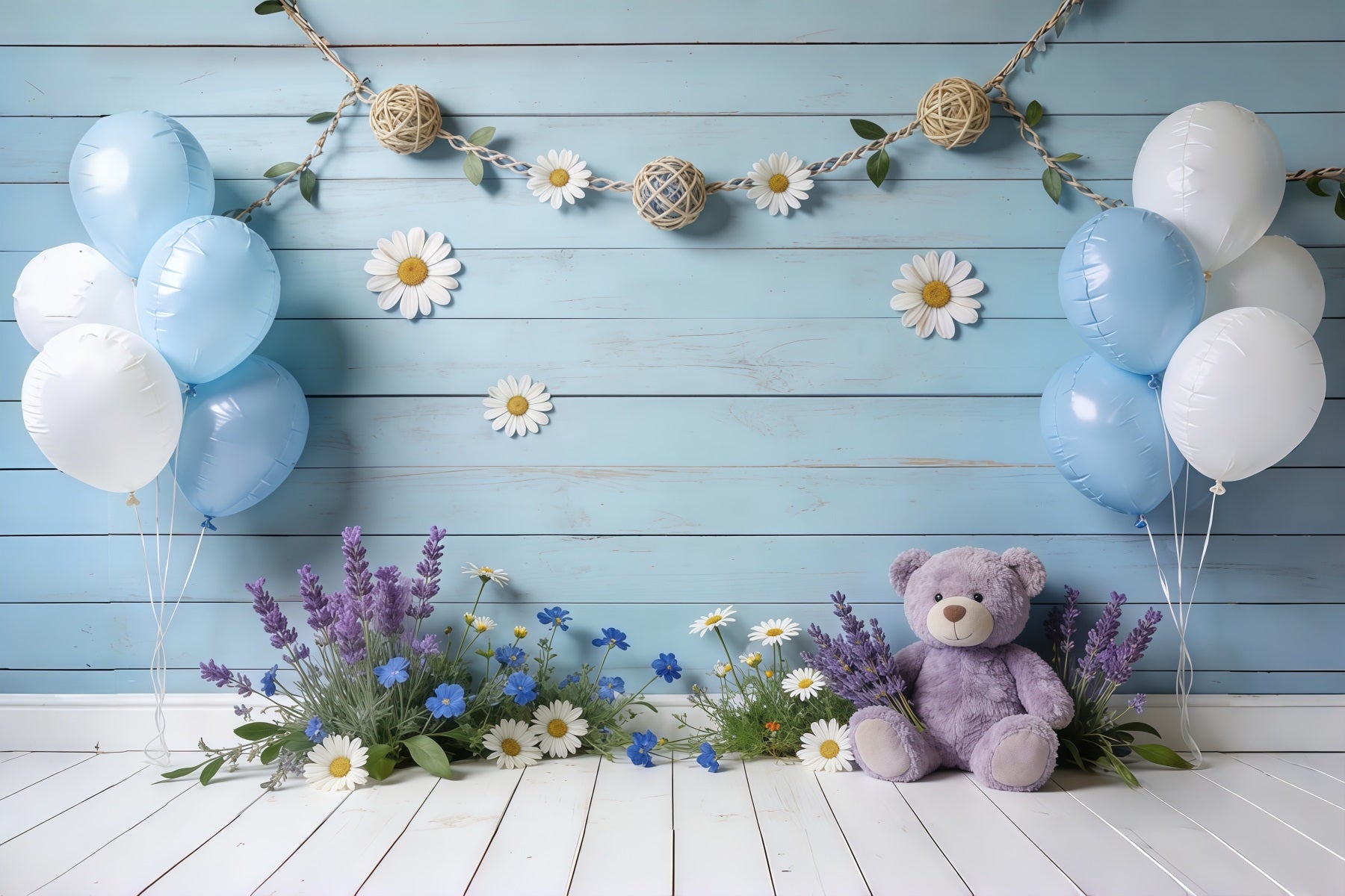 Daisy Flower Backdrop Blue Wooden Wall Balloon Teddy Floral Backdrop For Pictures CSH61-150