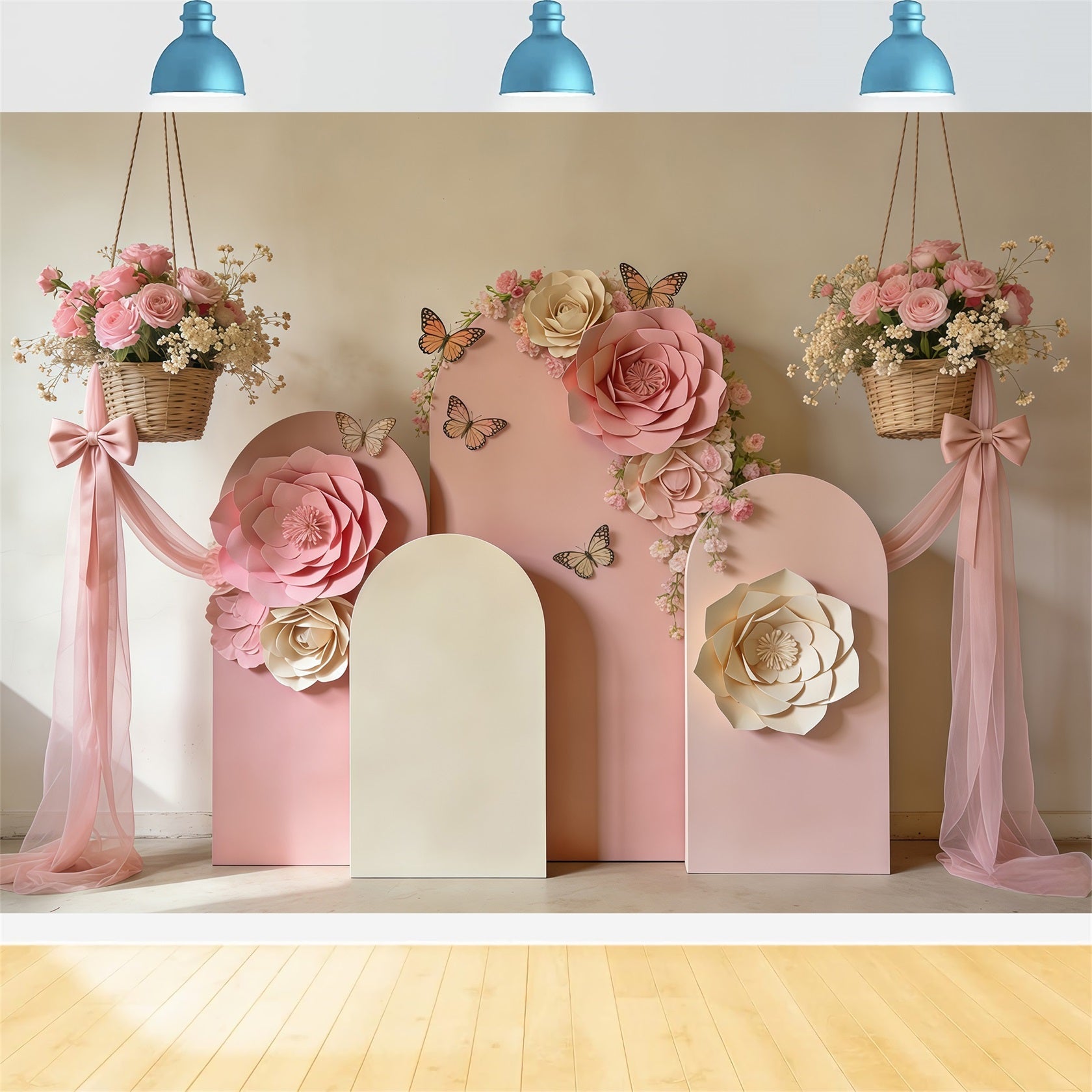 Spring Paper Flower Backdrop Blush Bloom Arch Bow Drape Photography Backdrop Floral CSH61-162
