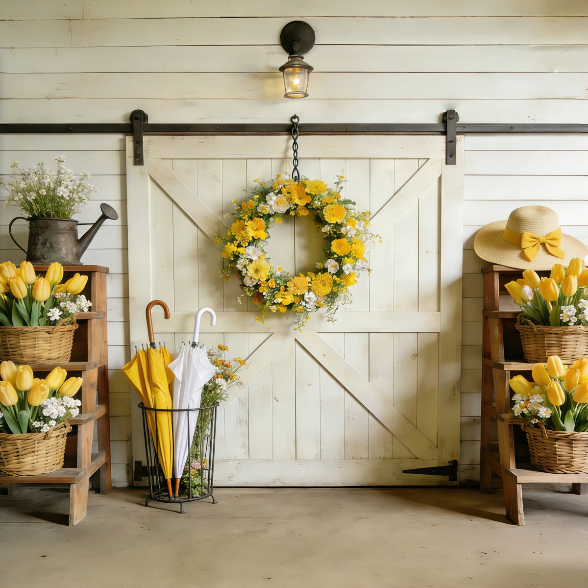 Spring Barn Door Photography Backdrop Yellow Tulip Barn Door Spring Photo Backdrop Ideas CSH61-163
