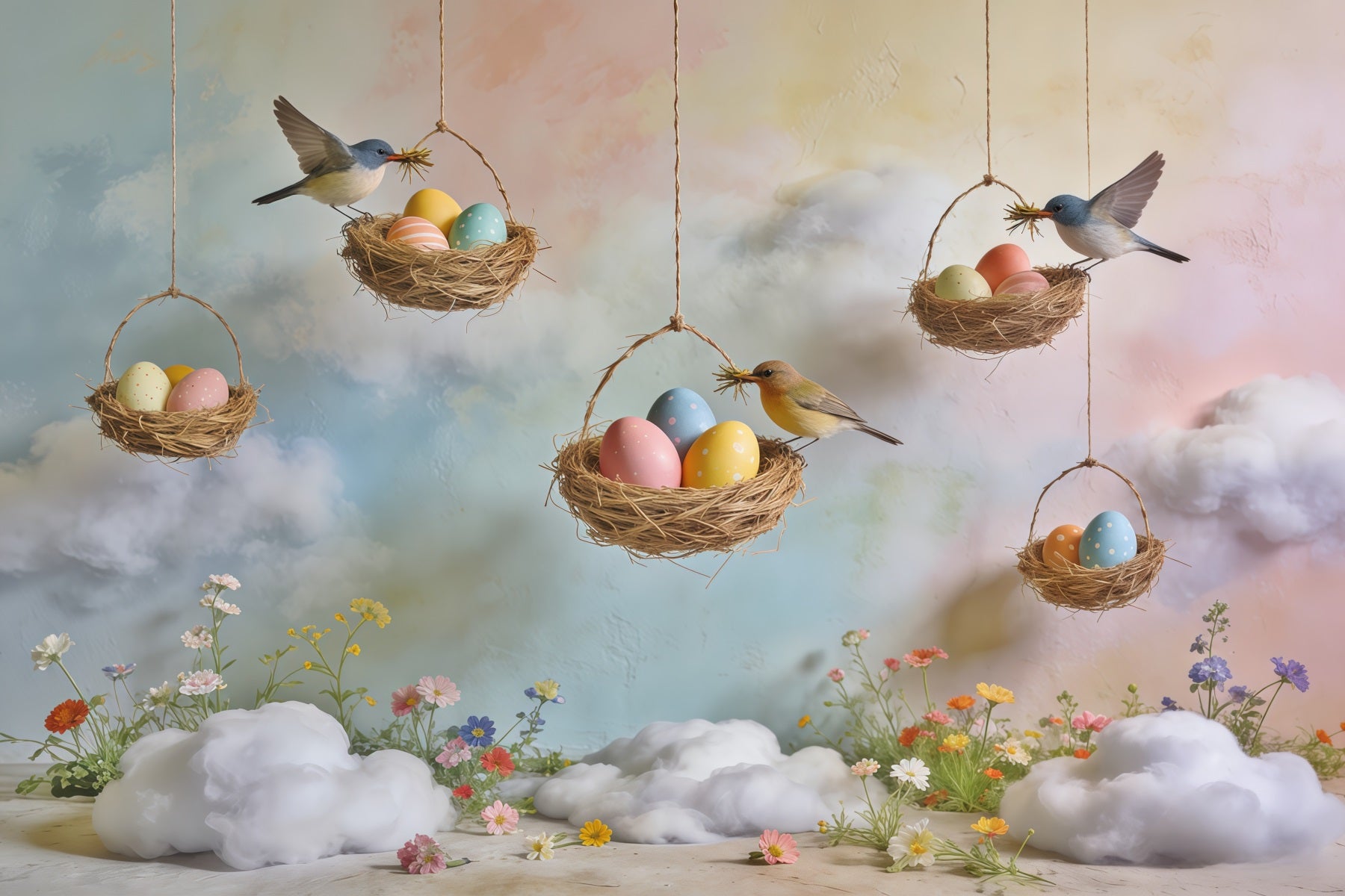 Spring Bird Nest Backdrop Egg Nest Pastel Sky Wildflower Spring Time Backdrop CSH61-164