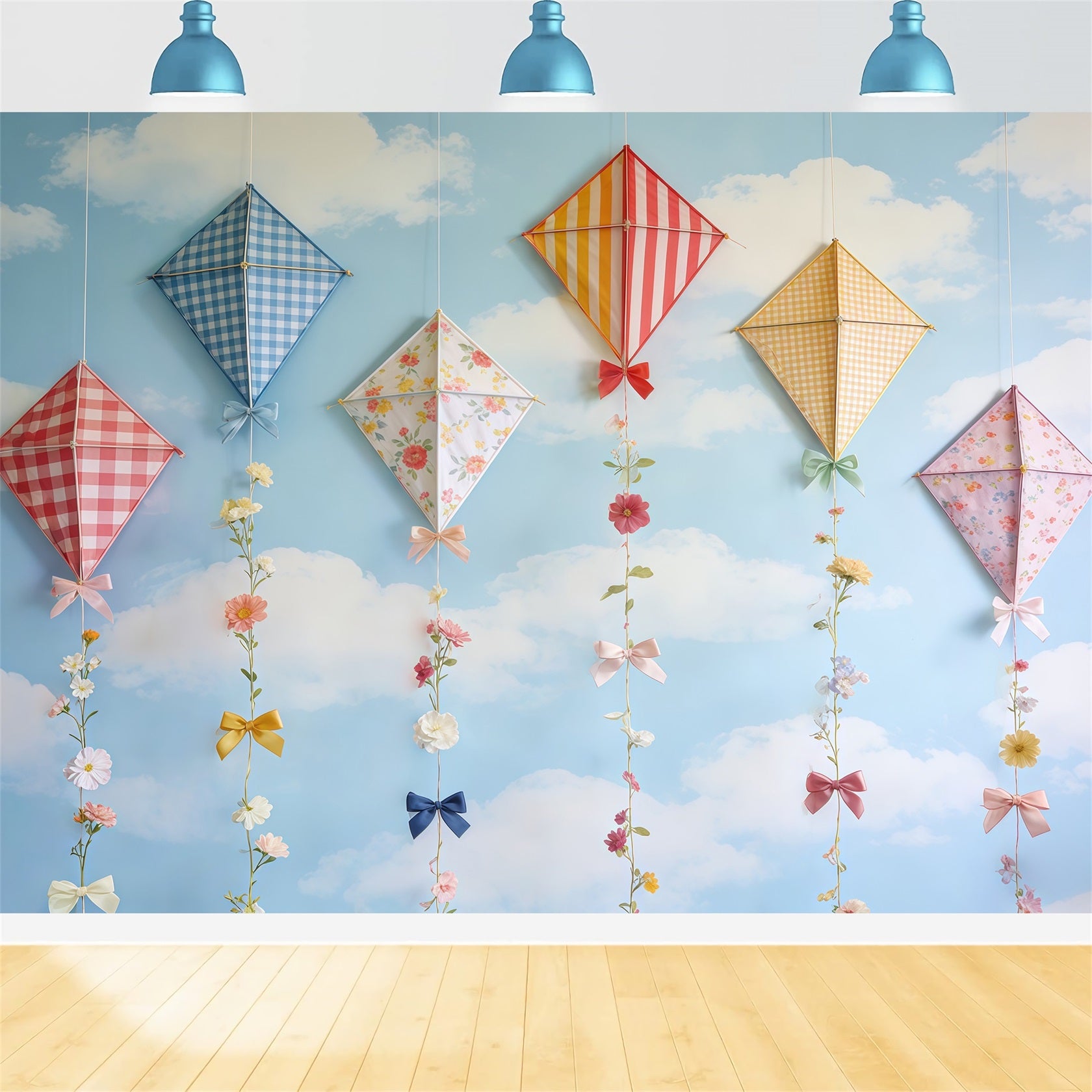 Spring Kite Backdrop Sky Cloud Pastel Bow Flowers Spring Photography Backdrop CSH61-165