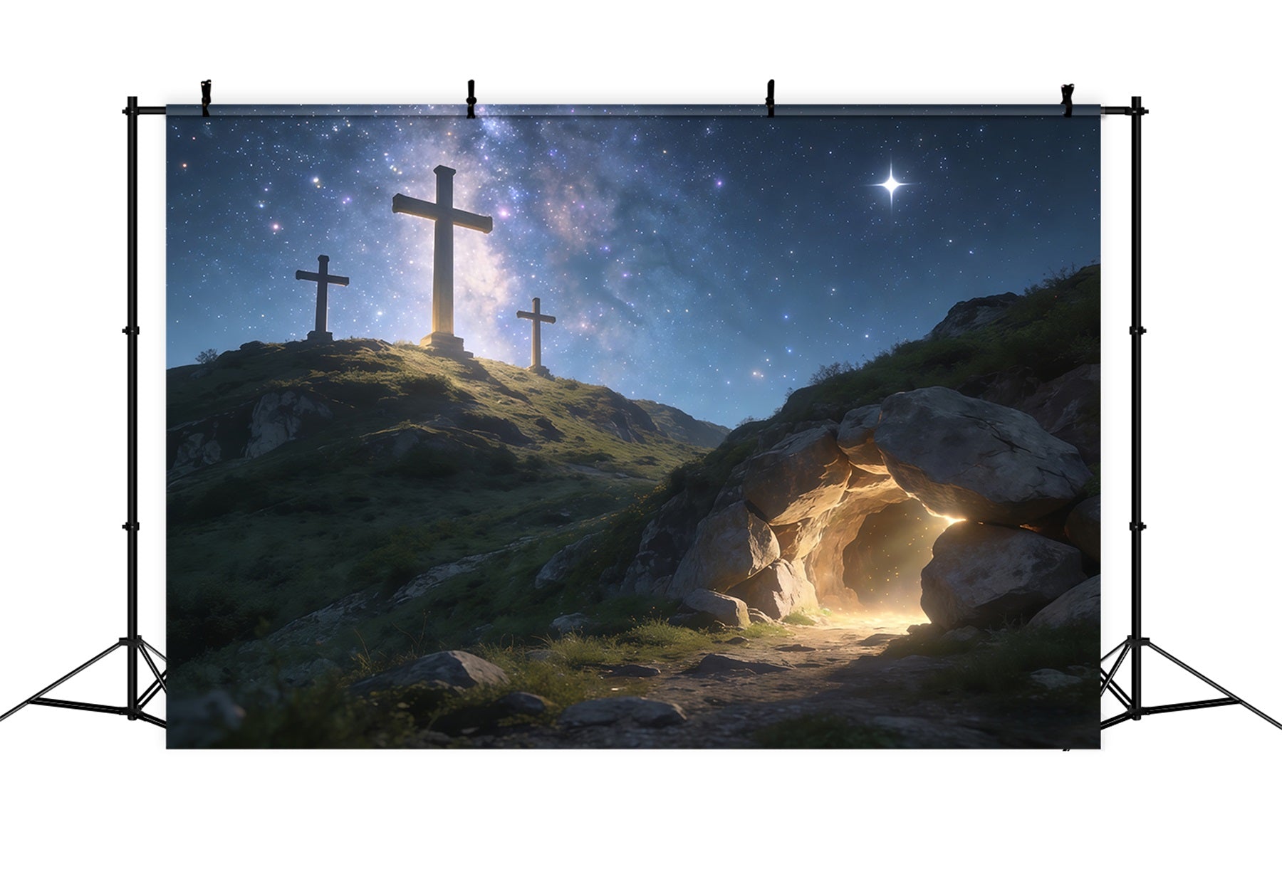 Christian Easter Backdrop Starlit Cross Hill Empty Tomb Easter Backdrops CSH61-19