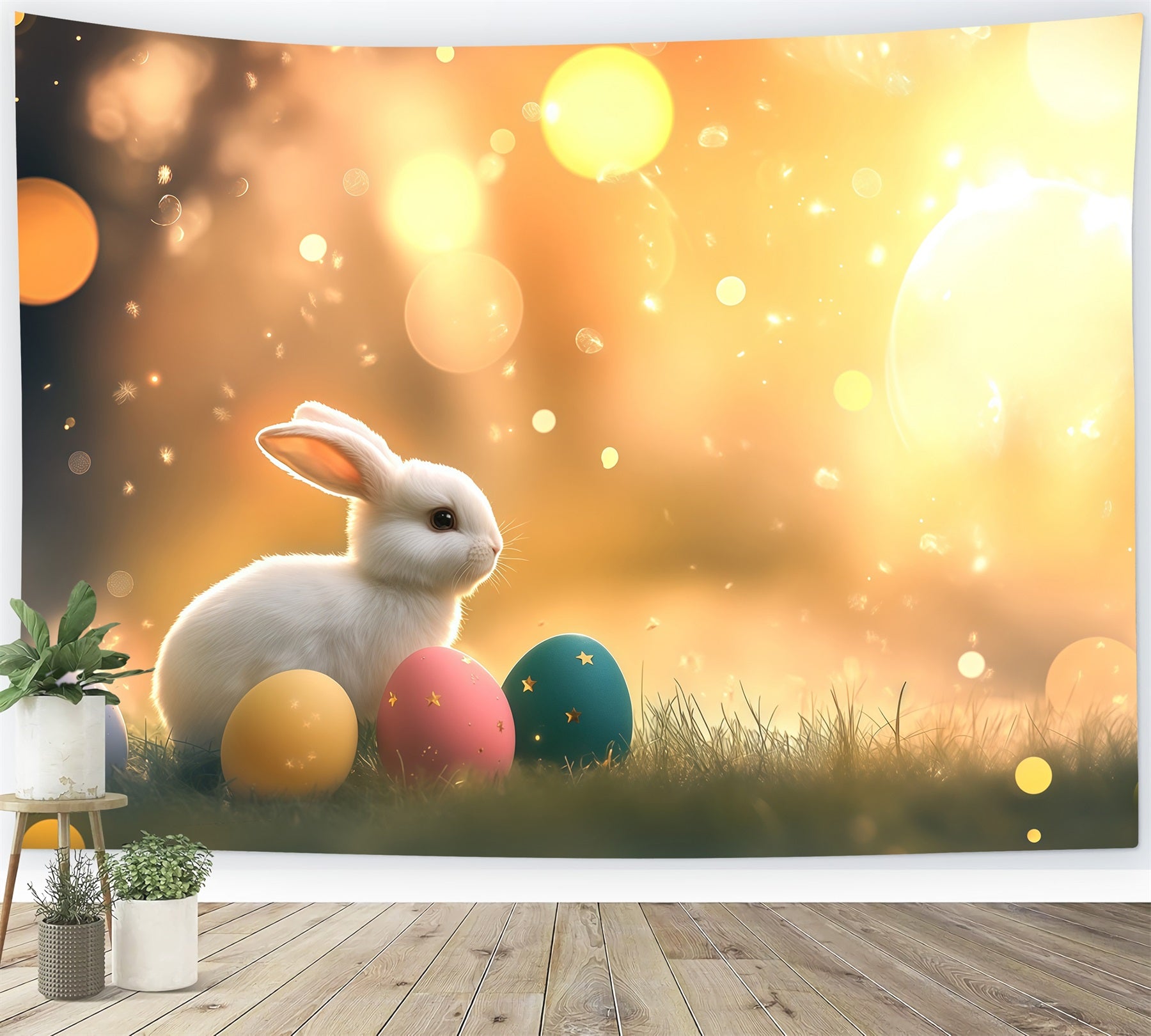 Easter Bunny Backdrop Warm Sunlight Glow Eggs Bokeh Easter Photo Backdrop CSH61-21